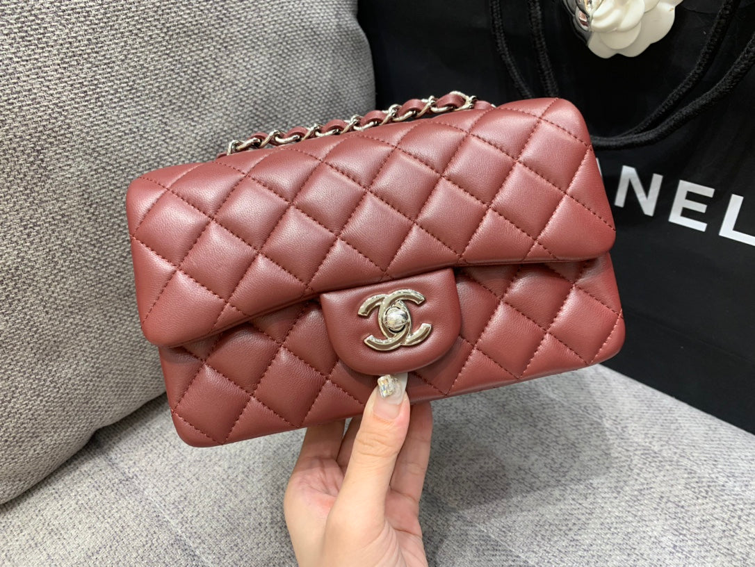 ميني RECTANGLE حقيبة بغطاء 20CM BURGUNDY LAMBSKIN إكسسوارات فضية