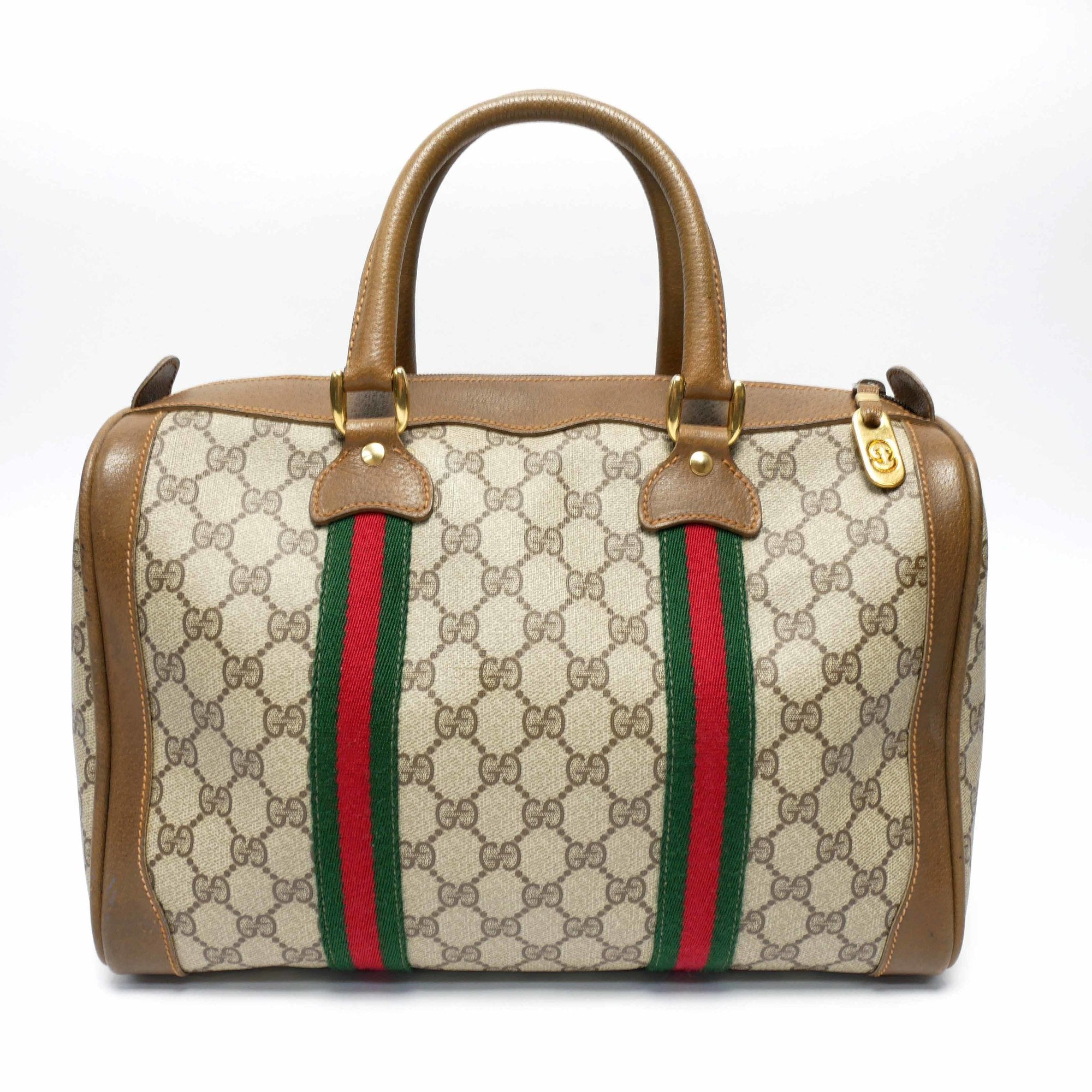 GUCCI Old Gucci ميني Boston Bag حقيبة يد Barrel Unisex ‘s 70’S Sherry Line GG Pattern/جلد إكسسوارات ذهبية بني/Beige