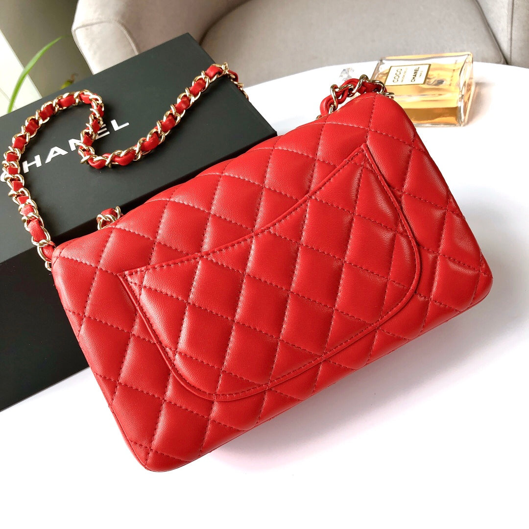 MINI Rectangle FLAP BAG 20CM RED جلد الغنم إكسسوارات ذهبية