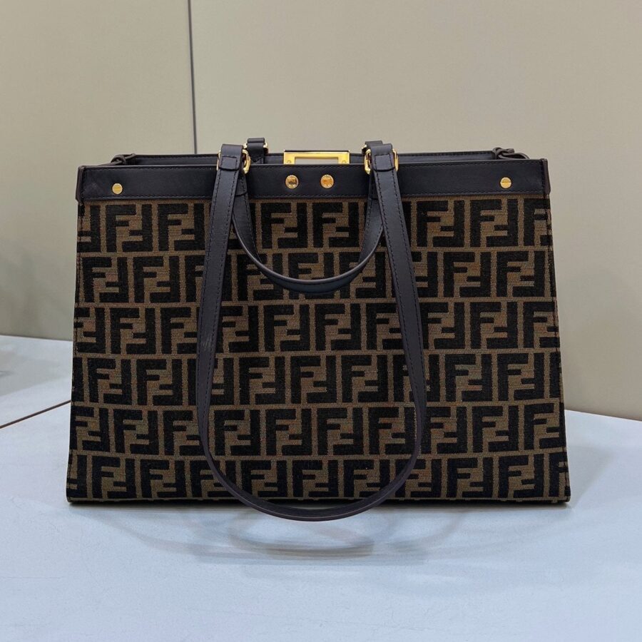 FENDI TOTE 41 BAG IN BROWN MIX BLACK مونوغرام CANVAS GOLD HARDWARE | Studio Nafay