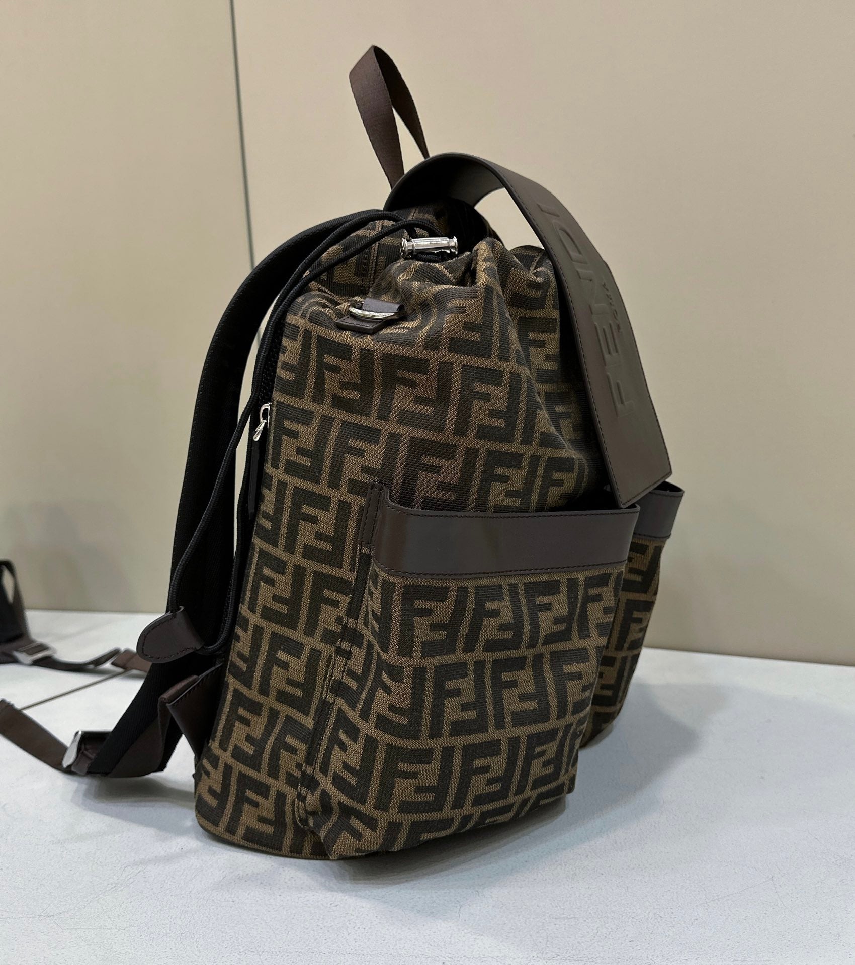Fendi Strike 41 متوسط FF Mocha بني Jacquard Fabric Backpack