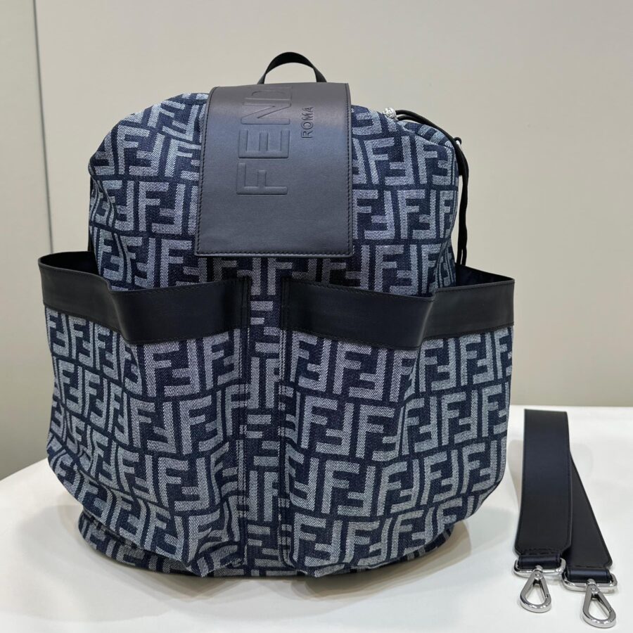 FENDI STRIKE LARGE 46 FF MIDNIGHT BLUE JACQUARD FABRIC BACKPACK | Studio Nafay
