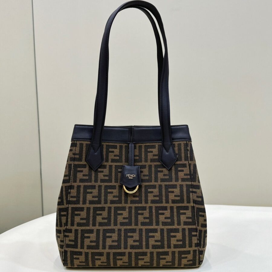 FENDI ORIGAMI MEDIUM 27 BROWN MIX BLACK FF JACQUARD FABRIC BAG | Studio Nafay