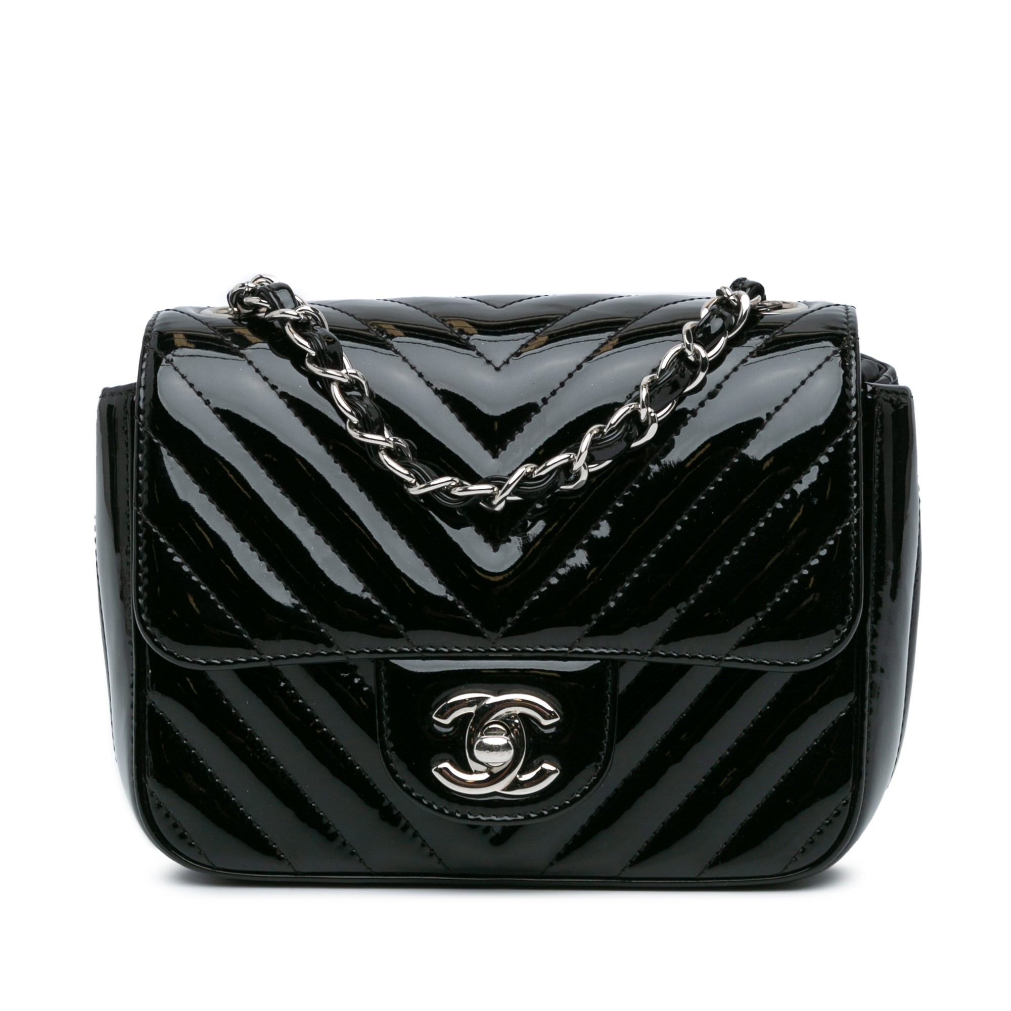 أسود Chanel ميني Square Classic Patent Chevron Flap حقيبة كروس