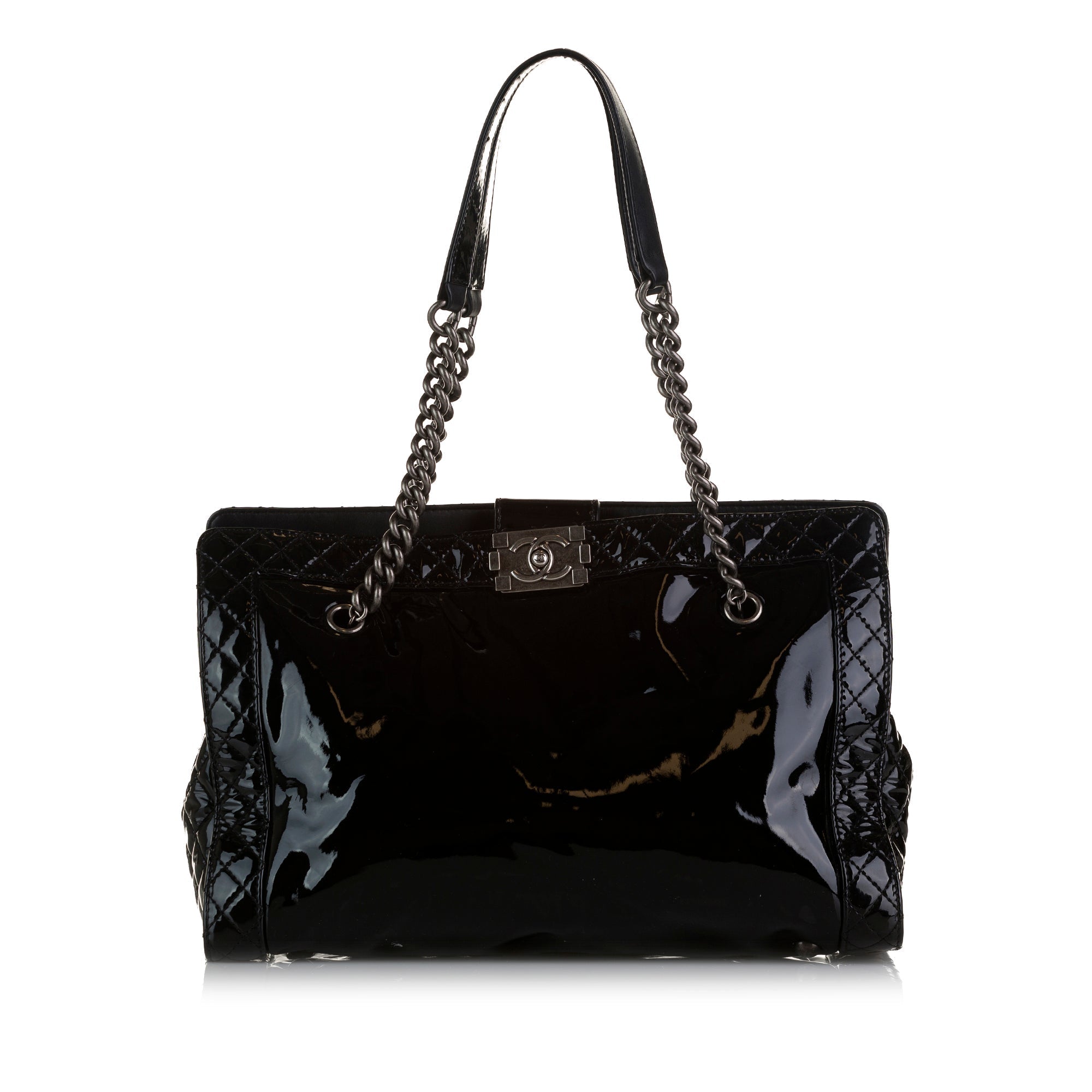 أسود Chanel Patent Boy Reverso Shopping Tote