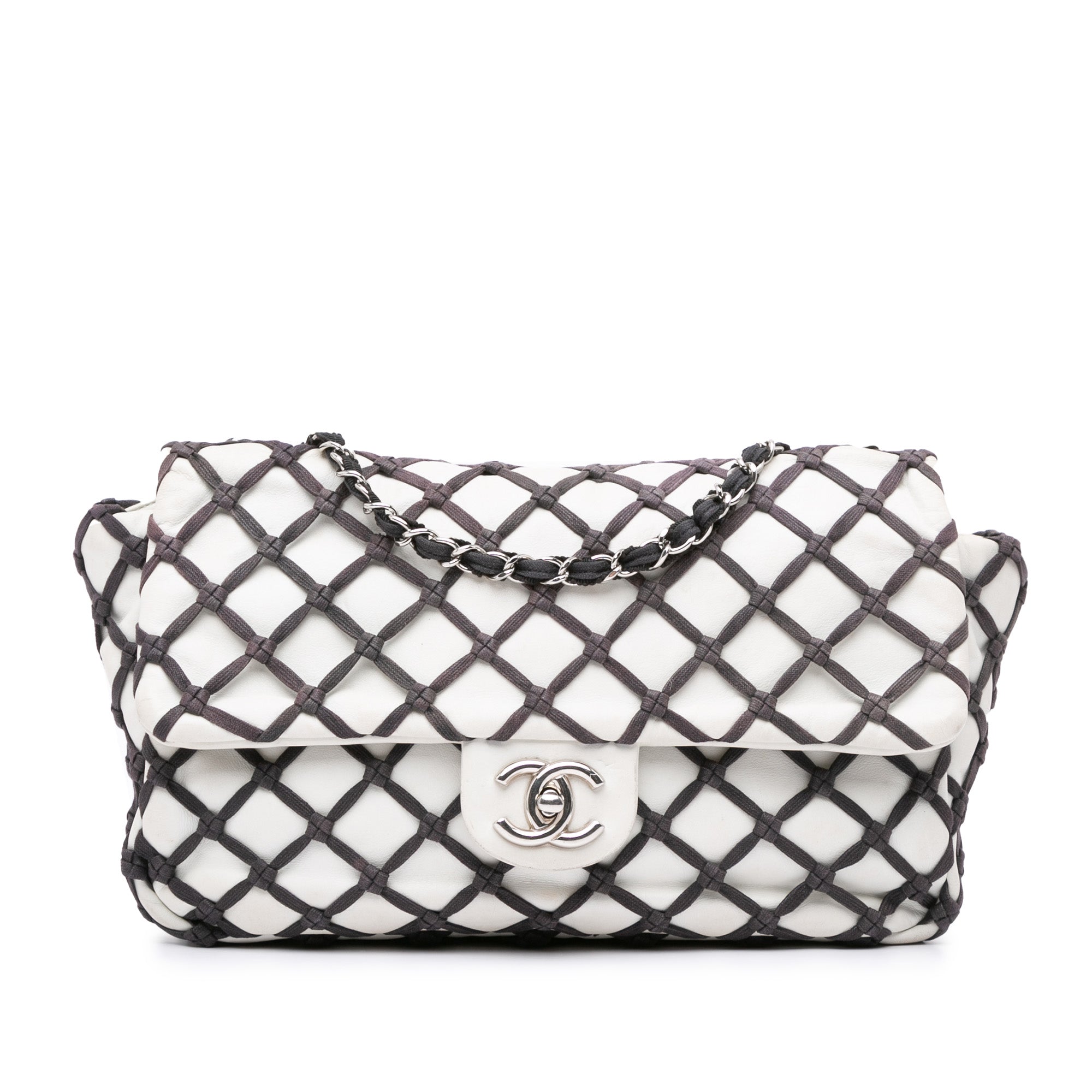 أبيض Chanel Jumbo جلد عجل Canebiers Net Flap حقيبة كتف
