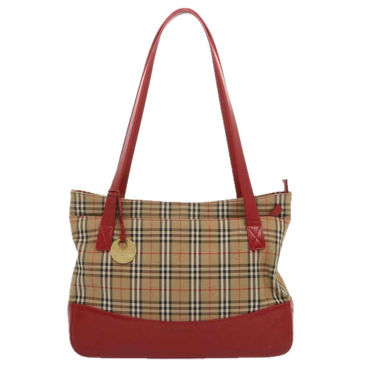 BURBERRYSs Nova Check حقيبة يد كبيرة Canvas Beige أحمر Auth 68740