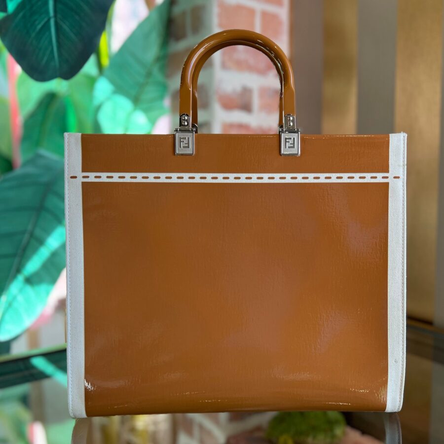 FENDI Sunshine Shopper Medium Brown Beige Patent Canvas Flexiglass Handle Tote Bag | Studio Nafay