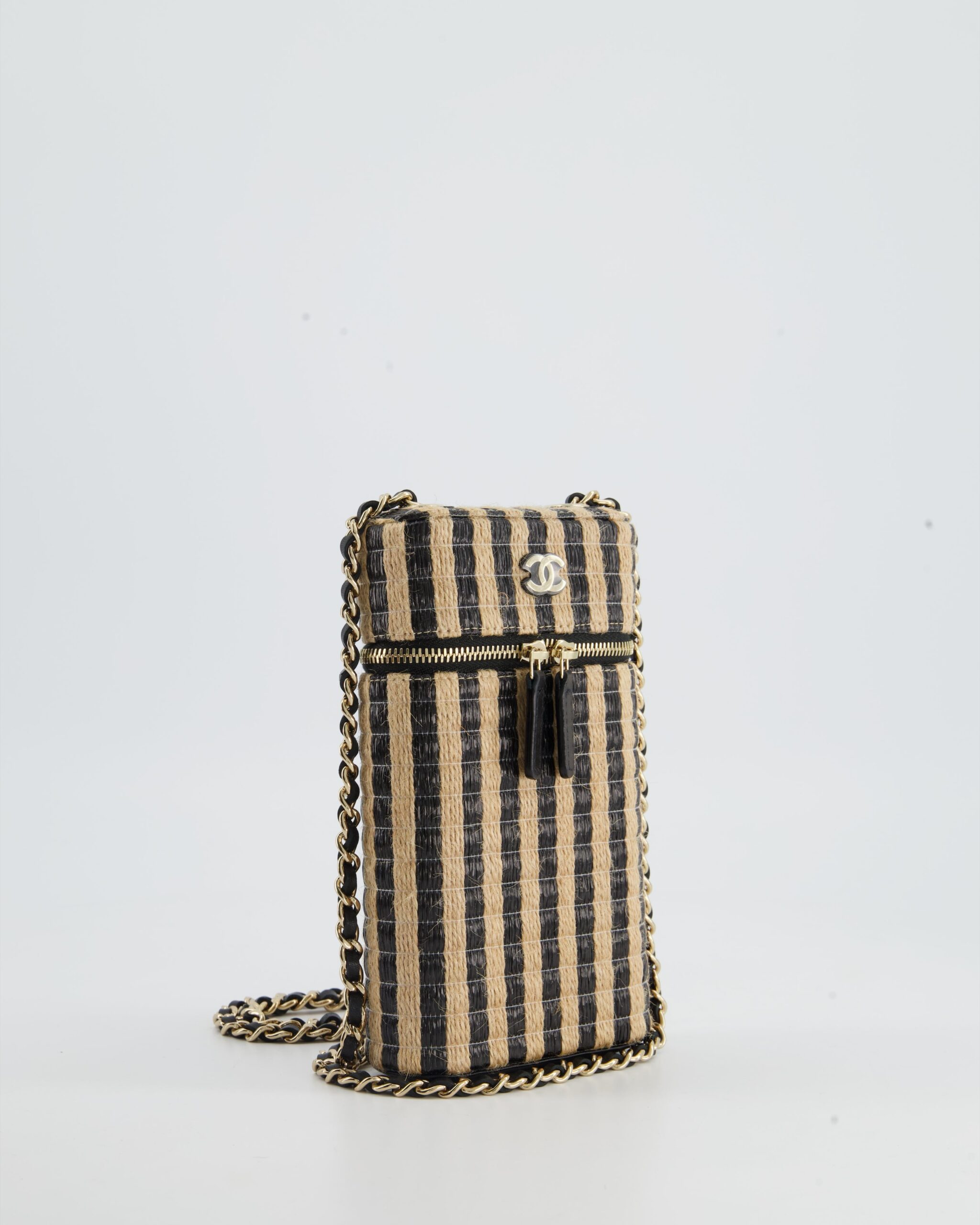 *HOT* Chanel Raffia Vanity 21P Beige and أسود Cross-Body Bag with Champagne إكسسوارات ذهبية