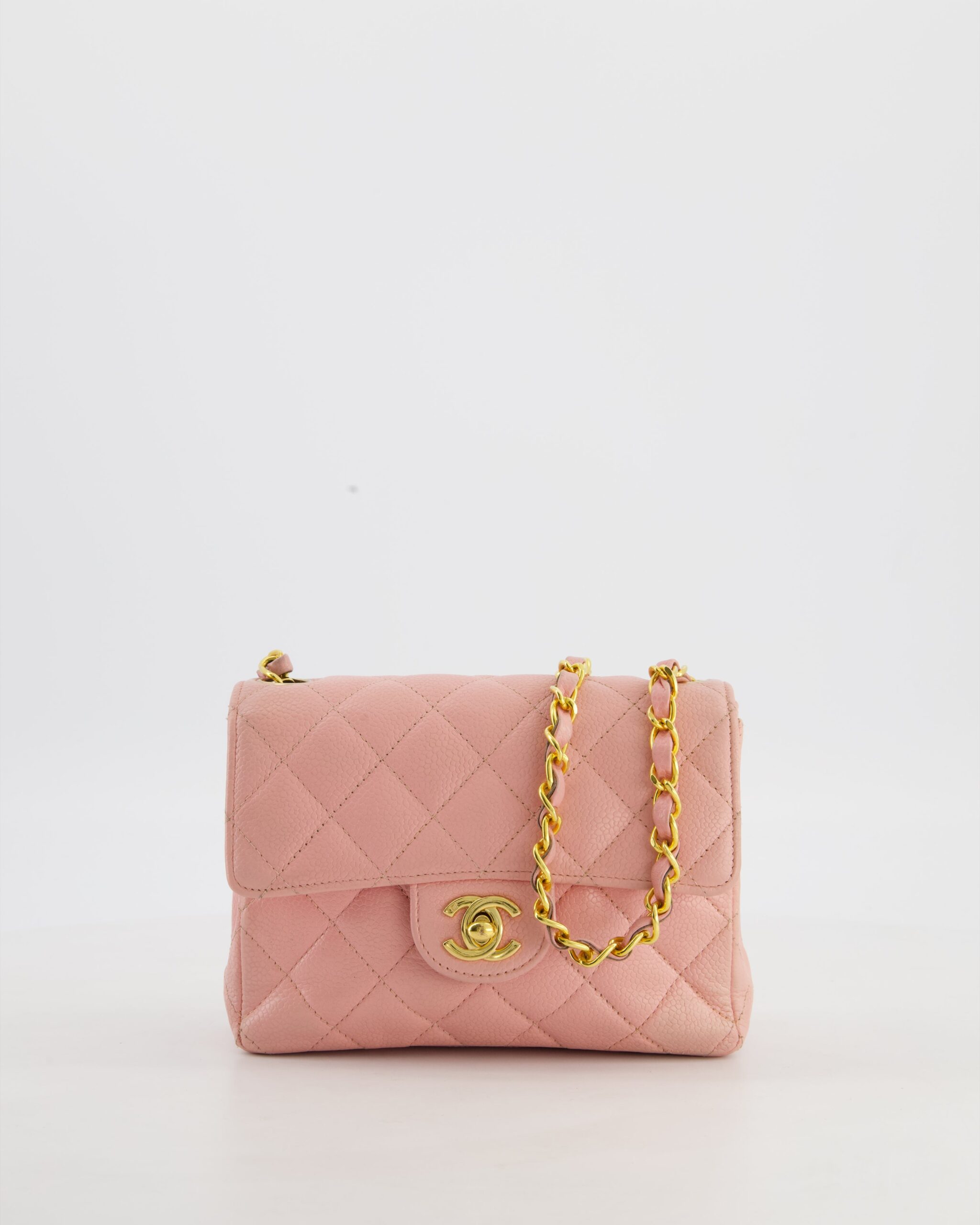 *HOT* Chanel وردي ميني Square Bag in Caviar جلد with 24K إكسسوارات ذهبية