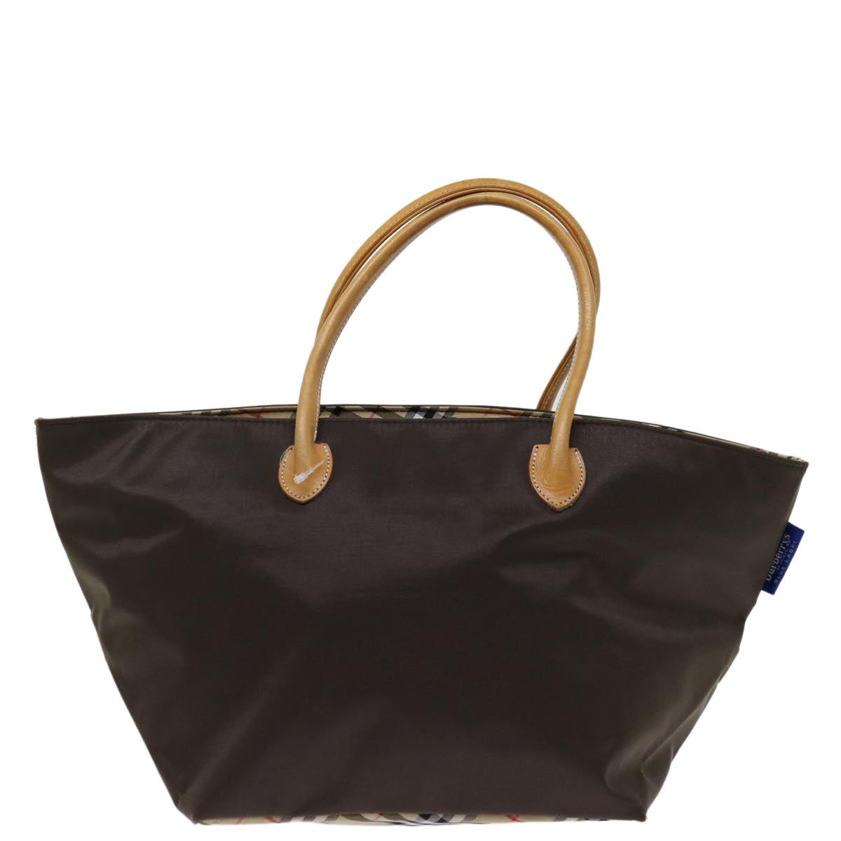 BURBERRYSs Nova Check أزرق Label حقيبة يد كبيرة Nylon بني Auth bs12913